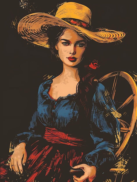 Retrato de mujer hiladora con sombrero de paja y vestido sosteniendo una camiseta Diseño de arte de tatuaje Marcos de tinta