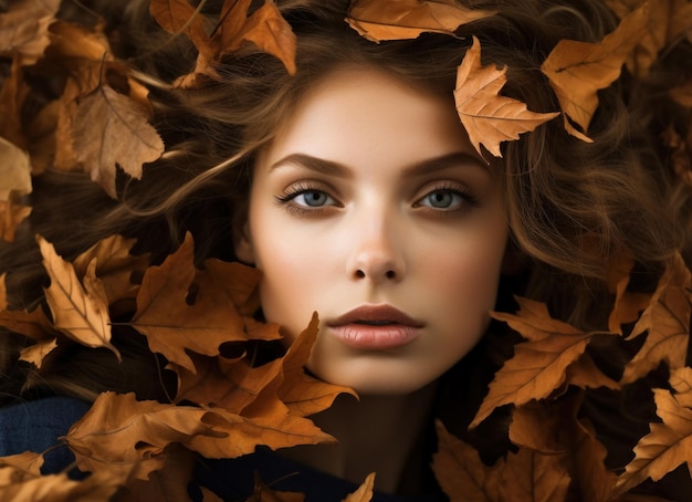 Foto retrato de mujer en hojas de otoño