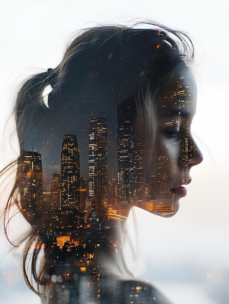 Un retrato de una mujer con el horizonte de la ciudad contra su rostro.