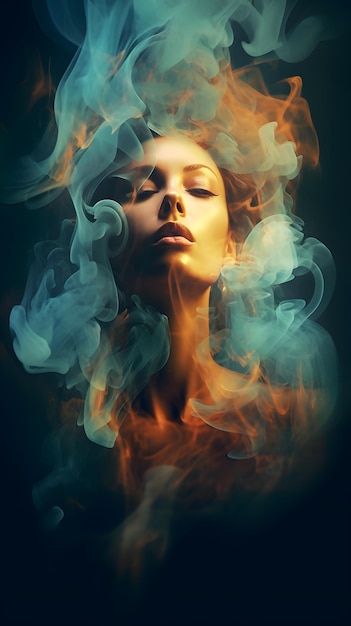 Un retrato de una mujer con humo en la cara.