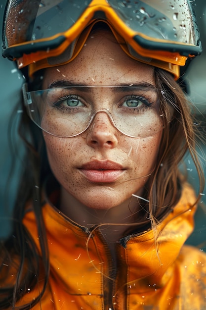 Foto retrato de una mujer con impermeable amarillo y gafas con gotas de agua en la visera