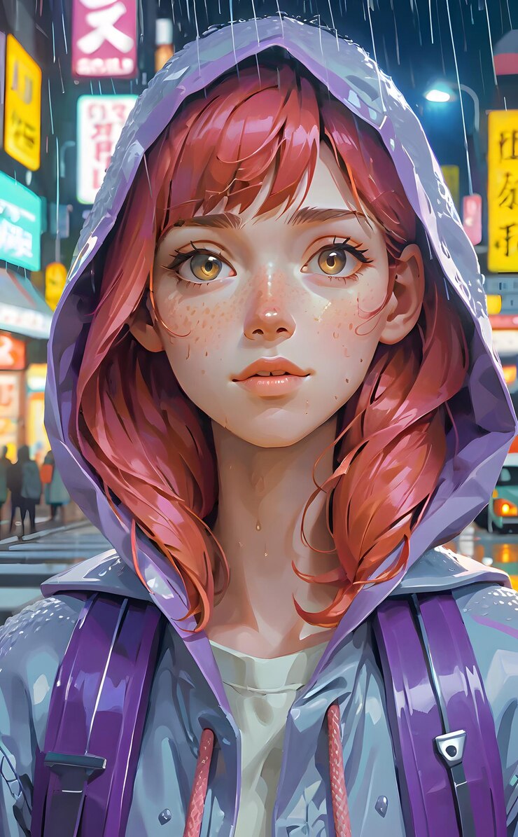 retrato de una mujer impresionante con cabello violeta en un impermeable pastel