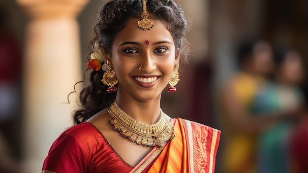 Retrato de una mujer india atractiva con sari y joyas tradicionales