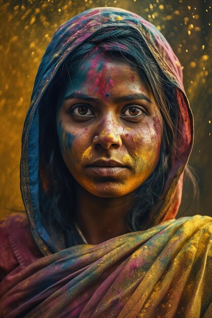 Retrato de mujer india de cerca con pintura colorida