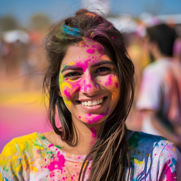 Retrato de una mujer india feliz celebrando Holi con colores de polvo Concepto del festival indio Holi