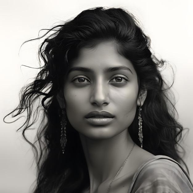 El retrato de una mujer india irradia en blanco y negro