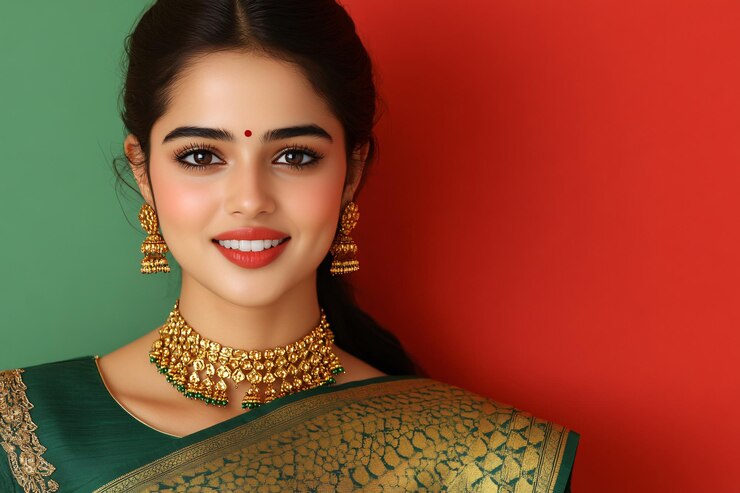 Retrato de una mujer india sonriente con un sari verde