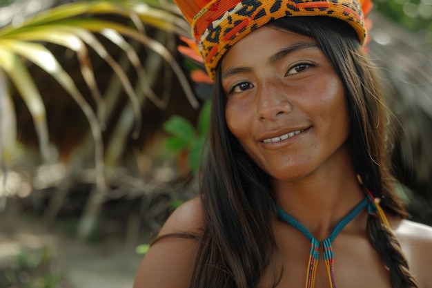 Foto retrato de una mujer indígena mirando a la cámara sonriendo y feliz