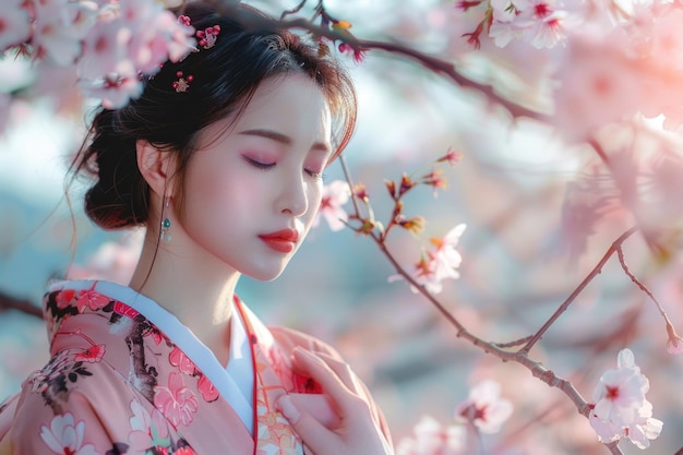 un retrato de una mujer japonesa en kimono y una flor de cerezo