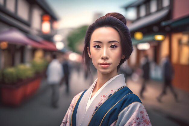 Foto retrato de una mujer japonesa con ropa nacional generada por una red neuronal de ia