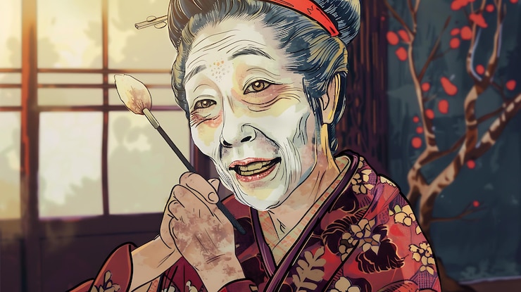 Foto retrato de una mujer japonesa en vestido tradicional con un pincel