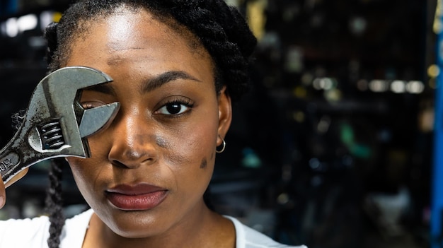 Retrato mujer joven africana mecánico de automóviles de pie con llave de retención mirando a la cámara en el garaje de servicio de automóviles