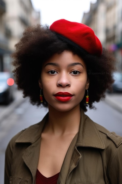 Retrato de una mujer joven con un afro con una boina roja en las calles