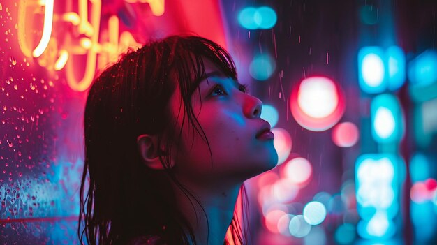 Foto un retrato de mujer joven asiática fondo de ciudad de neón iluminación del día de lluvia