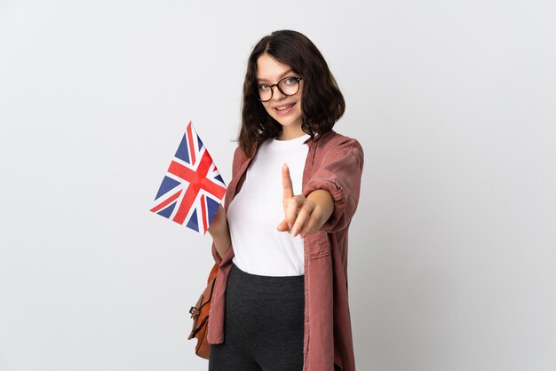 retrato, mujer joven, con, bandera, y, mochila