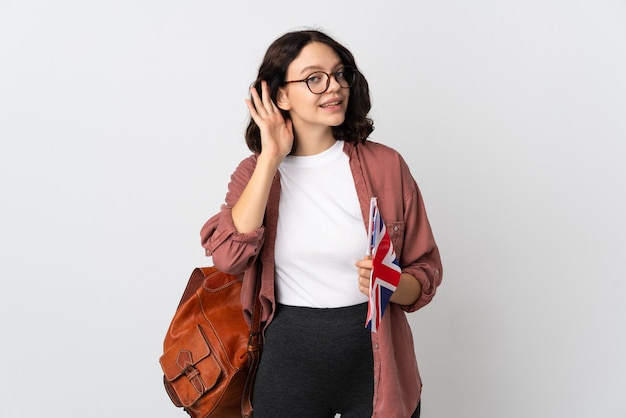 retrato, mujer joven, con, bandera, y, mochila