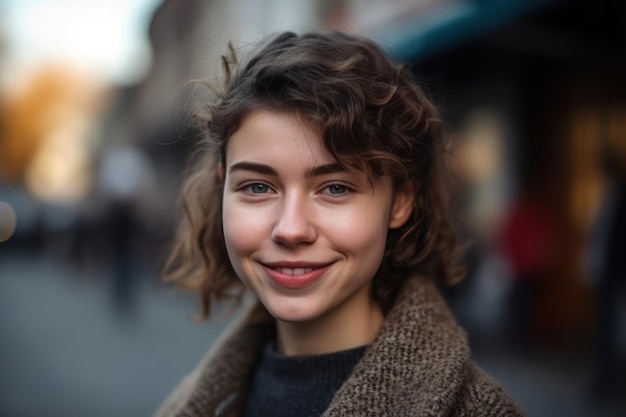 Retrato de mujer joven y bella caucásica mirando a la cámara y sonriendo alegremente belleza femenina co