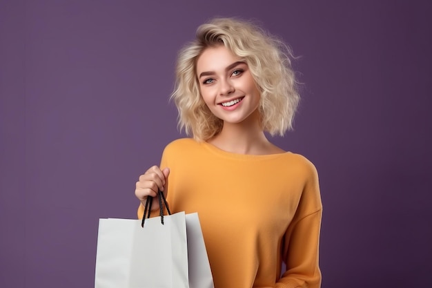 Retrato de una mujer joven con una bolsa de papel sobre un fondo violeta Espacio para el texto