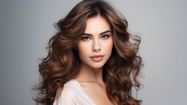 Retrato de una mujer joven y bonita belleza natural peinado de volumen marrón en fondo fondo blanco