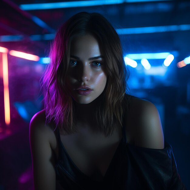 retrato de una mujer joven bonita en luces de neón con oscuridad