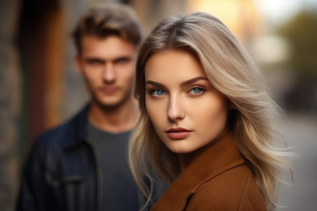 Retrato de una mujer joven y bonita parada frente a su novio