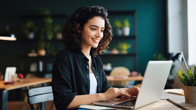 Foto retrato de una mujer joven y bonita sentada en una mesa con una camisa negra trabajando en una computadora portátil en una oficina de coworking