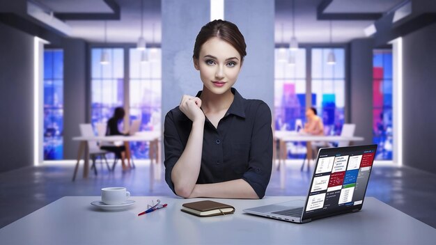 Retrato de una mujer joven y bonita sentada en una mesa con una camisa negra trabajando en una computadora portátil en una oficina de coworking