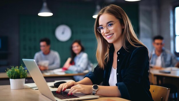 Foto retrato de una mujer joven y bonita sentada en una mesa con una camisa negra trabajando en una computadora portátil en una oficina de coworking