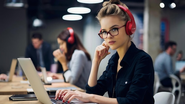 Retrato de una mujer joven y bonita sentada en una mesa con una camisa negra trabajando en una computadora portátil en una oficina de coworking