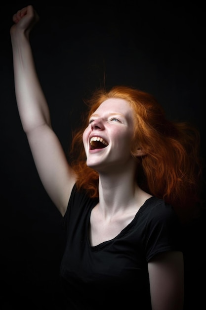 Retrato de una mujer joven con los brazos levantados en celebración creado con ai generativo