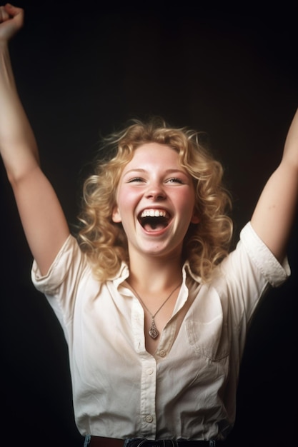 Retrato de una mujer joven con los brazos levantados en celebración creado con ai generativo