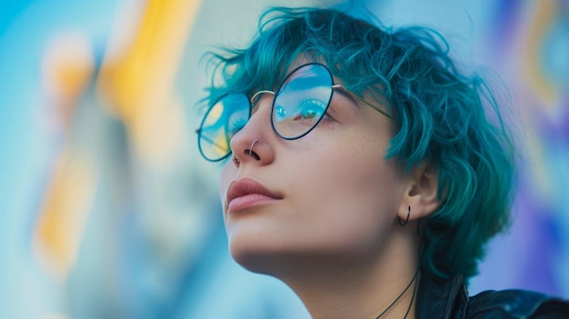 Foto retrato de una mujer joven con cabello azul y gafas