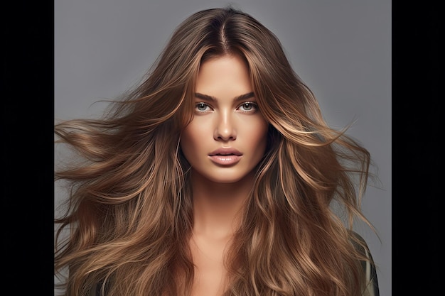 Un retrato de una mujer joven con el cabello largo y marrón