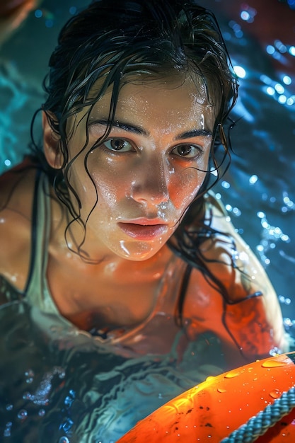 Retrato de una mujer joven con el cabello mojado y una mirada intensa posando en el agua por la noche