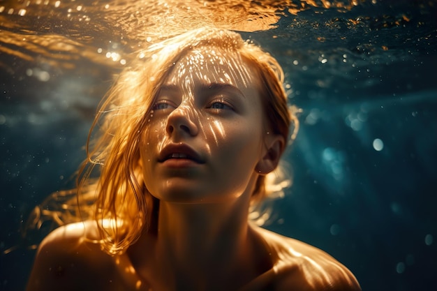 Retrato de una mujer joven con cabello rizado dorado nadando bajo el agua