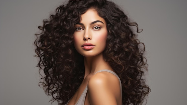 Retrato de mujer joven con cabello rizado natural oscuro cuidado del cabello maquillaje y salud del cabello