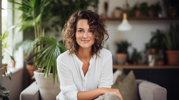 Retrato de una mujer joven con el cabello rizado sentada en un sofá y sonriendo