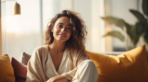 Foto retrato de una mujer joven con el cabello rizado sentada en un sofá y sonriendo