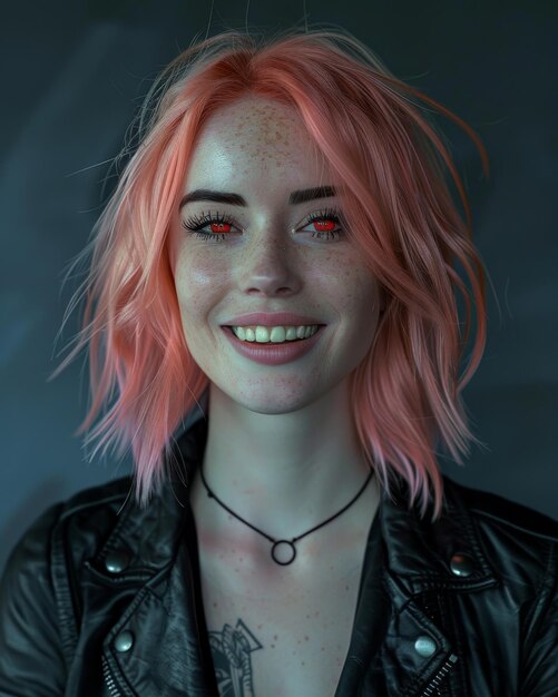 Foto retrato de una mujer joven con cabello rosado vibrante y ojos rojos llamativos