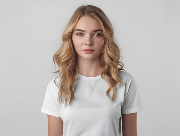 Retrato de una mujer joven con cabello rubio en una camiseta blanca