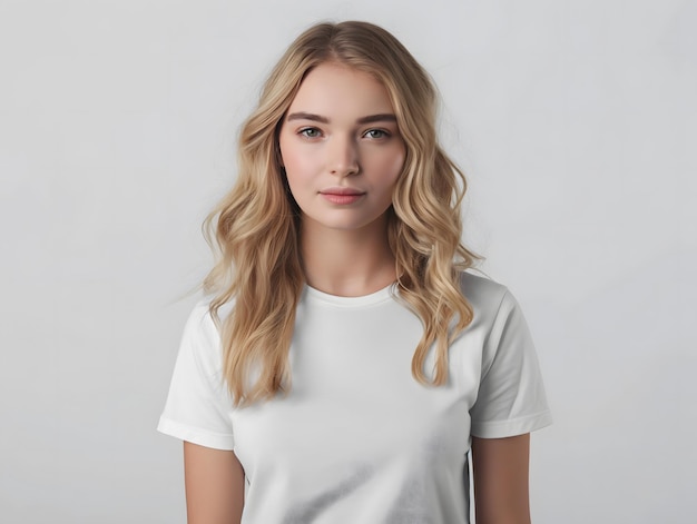 Foto retrato de una mujer joven con cabello rubio en una camiseta blanca