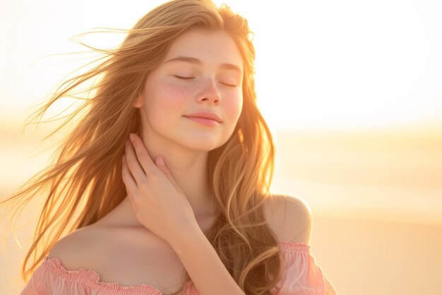 Retrato de una mujer joven con cabello rubio largo y ondulado y vestido rosado