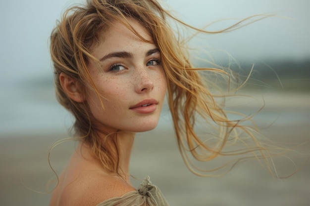 Un retrato de una mujer joven con el cabello soplando en el viento