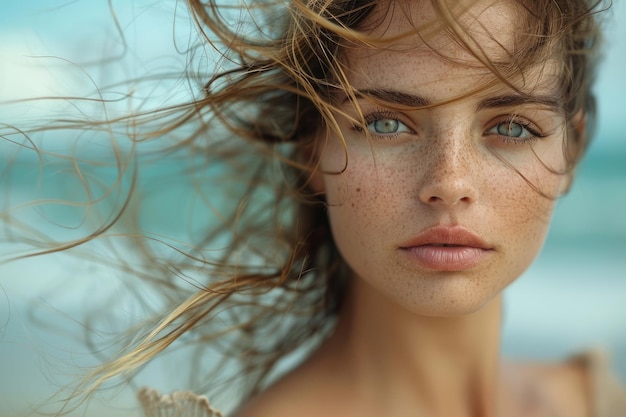 Un retrato de una mujer joven con el cabello soplando en el viento