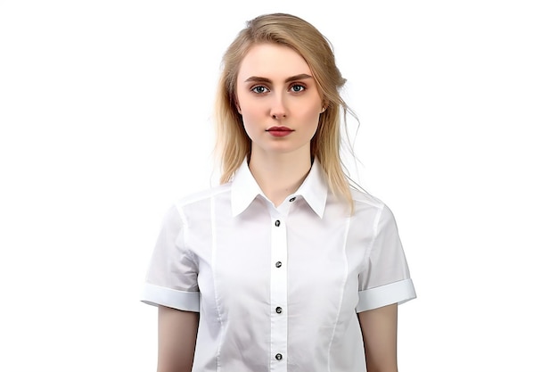 retrato, de, un, mujer joven, en, un, camisa blanca, en, un, fondo blanco