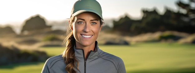 Retrato de una mujer joven en un campo de golf