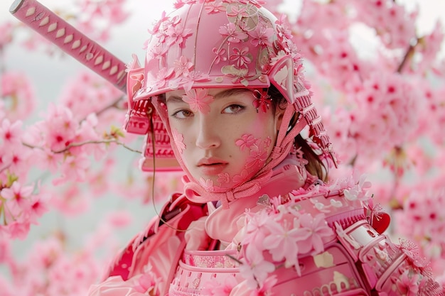 Retrato de una mujer joven con un casco de samurai rosa rodeada de flores de cerezo