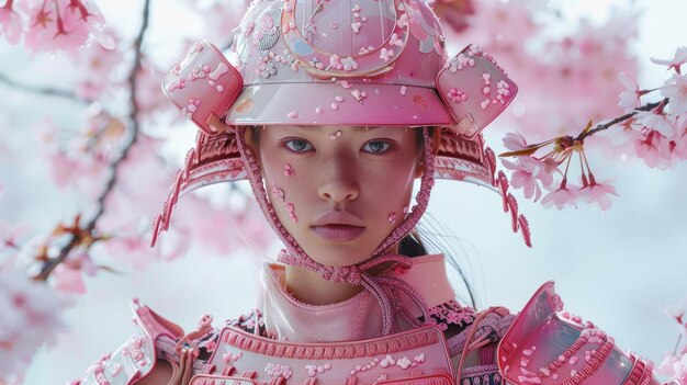 Foto retrato de una mujer joven con un casco de samurai rosado