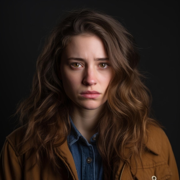 retrato de una mujer joven con chaqueta marrón y camisa vaquera de fondo negro