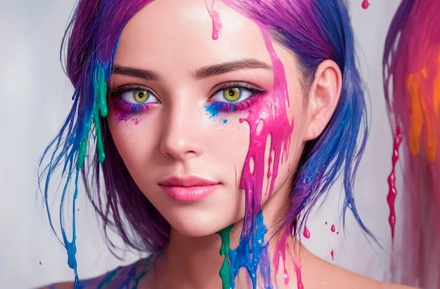 Retrato de mujer joven de coloridos toques multicolores de pintura IA generativa